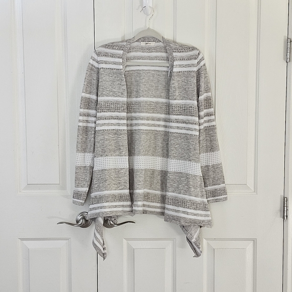 Peyton Primrose Taupe White Striped Open Front Asymmetric Hem Cardigan Sz M - Picture 2 of 12